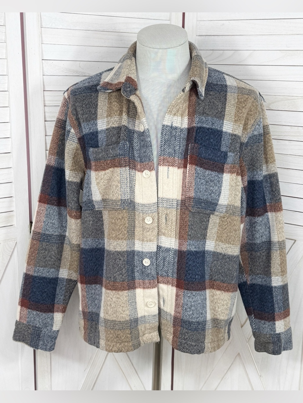 Hollister Plaid Oversized Shacket Jacket Tan Blue Mens Medium Chore Outdoor